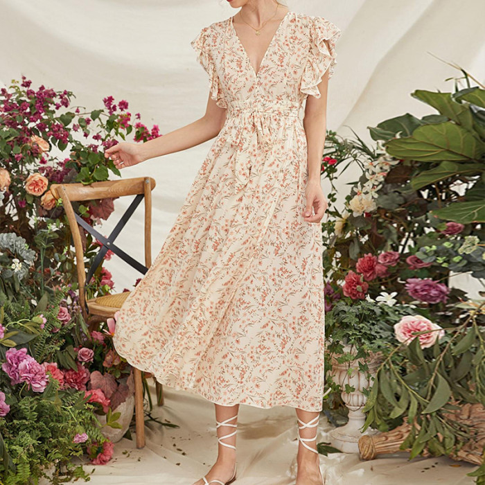 Trendy Ruffle Sleeves Casual Elegant Chic Boho Party Formal Maxi Dress