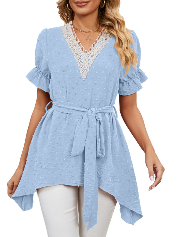 Women Short Sleeve Solid V-Neck Poylester Tunic Tops with Waistband  Blouses & Shirts