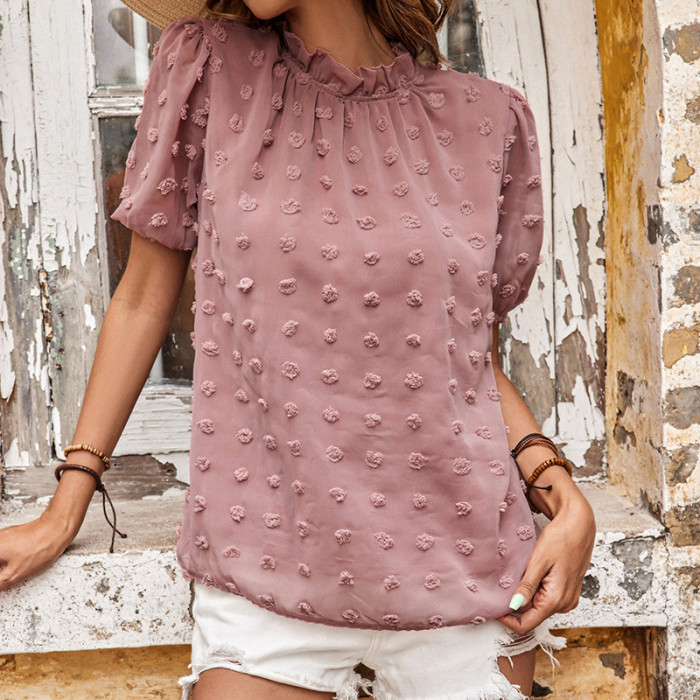 Summer Women's Fashion Casual Jacquard Short Sleeve  Blouses & Shirts