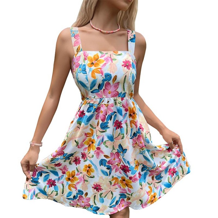 Summer Women's Fashion Print French Strap Casual Mini Dress