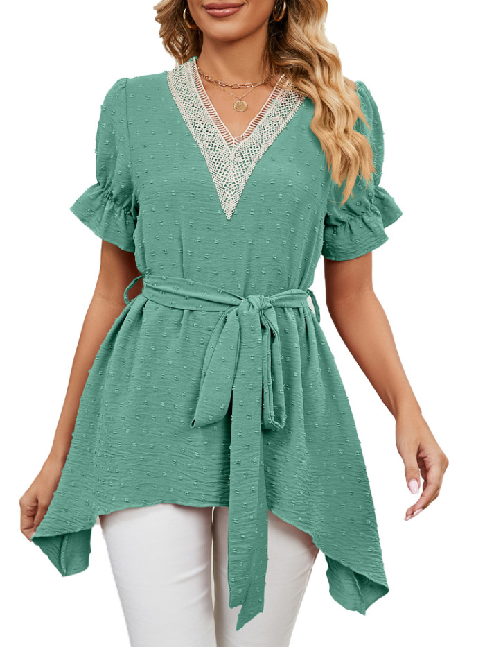 Women Short Sleeve Solid V-Neck Poylester Tunic Tops with Waistband  Blouses & Shirts
