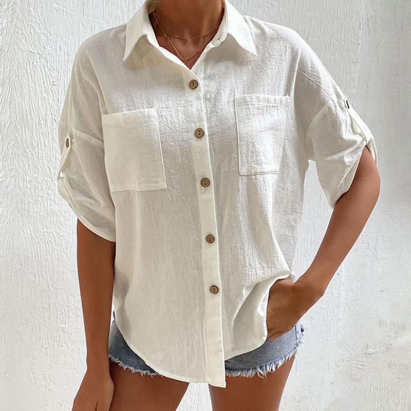 Women's Cotton Linen Lapel Pocket Solid Color Loose Casual  Blouses & Shirts