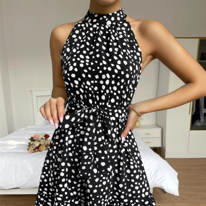 Women's Sexy Ruffled Polka Dot Sleeveless Halter Neck Elegant  Mini Dress