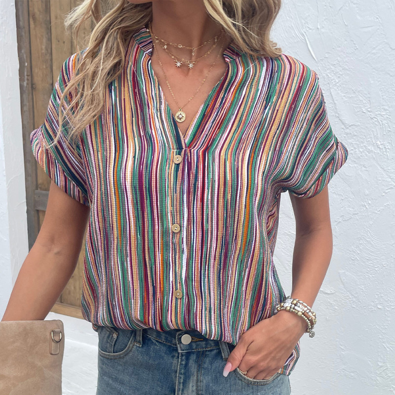 Summer Fashion Ladies Casual Colorful Striped Button Short Sleeve Blouses & Shirts