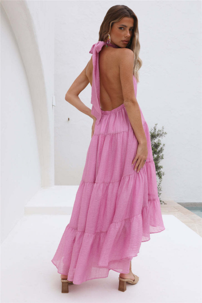 Elegant Women's Sexy Backless Sleeveless Bohemian Solid A-Line Backless  Maxi Dress