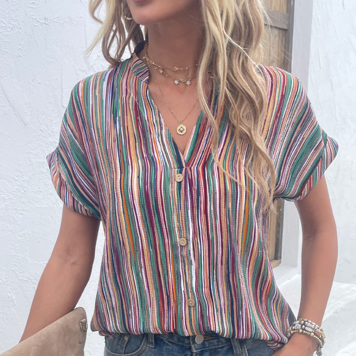 Summer Fashion Ladies Casual Colorful Striped Button Short Sleeve Blouses & Shirts