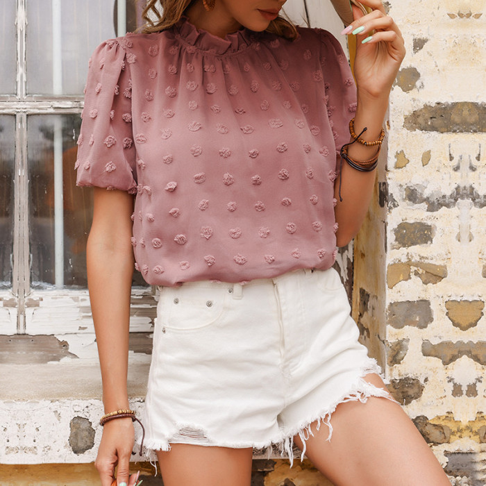 Summer Women's Fashion Casual Jacquard Short Sleeve  Blouses & Shirts