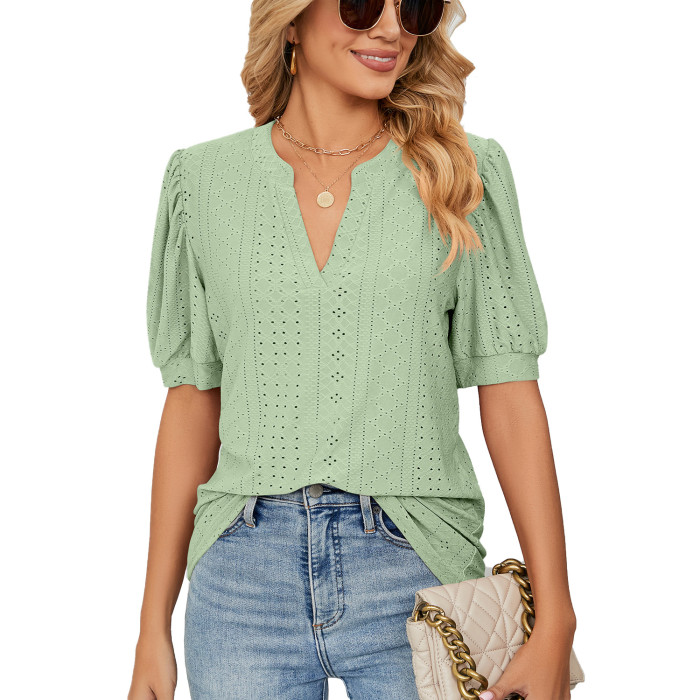 Fashion Solid Color Elegant V Neck Loose Women's Cutout Top  Blouses & Shirts