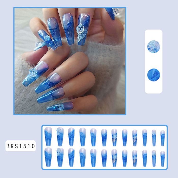 Fashion ice Blue Three-Dimensional Camellia Wearable Detachable Nail