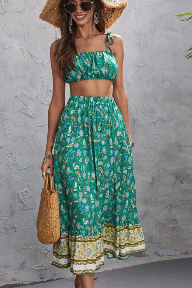 Summer Women's Bohemian Style Printed Casual Suit  Midi Dress