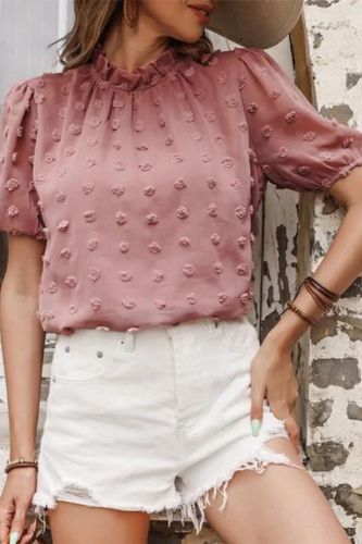 Summer Women's Fashion Casual Jacquard Short Sleeve  Blouses & Shirts