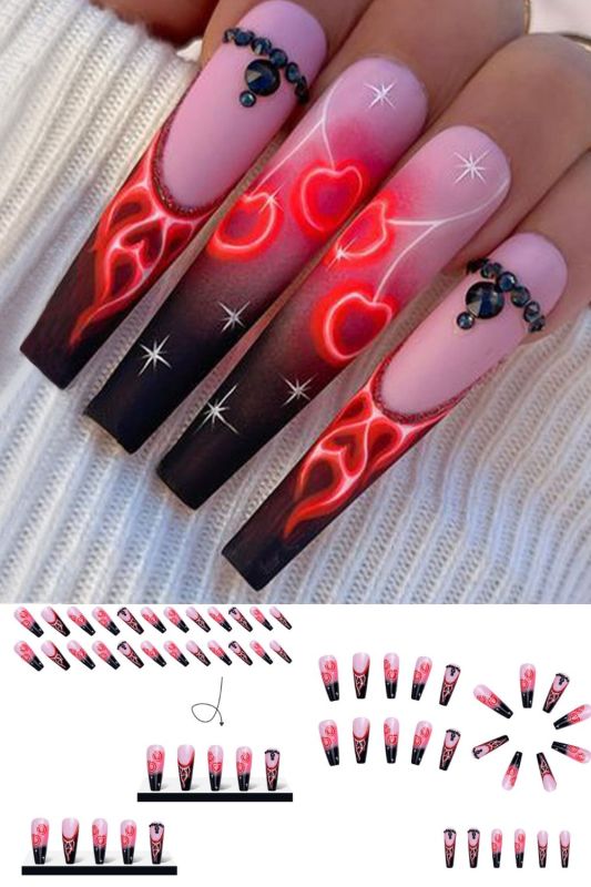 3D Flaming Cherry Wearable Finished Manicure Nails