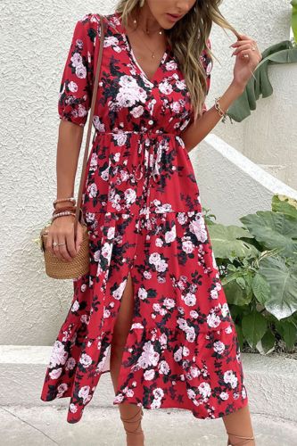 Print Ruffle Retro Elegant V Neck Button Tie Party  Maxi Dress