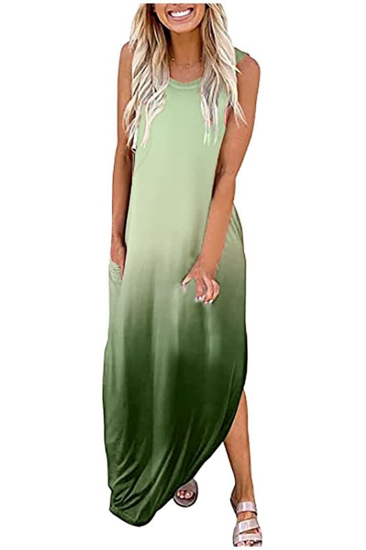 Women's Casual Loose Ombre Pocket Sleeveless Slit Maxi Dress