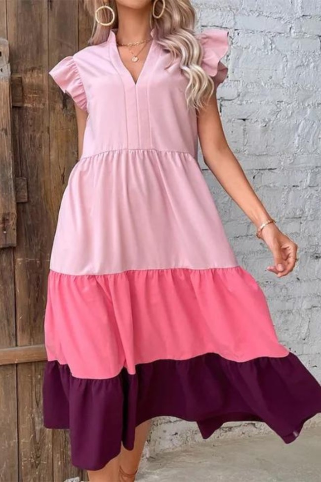 Women's Summer V-Neck Stitching Color Ruffle Sleeve Fashion Midi Dress