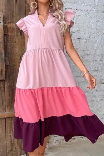 Women's Summer V-Neck Stitching Color Ruffle Sleeve Fashion Midi Dress