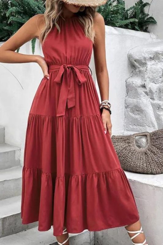 Summer Fashion Ladies Camisole Solid Color Pleated Party Elegant  Maxi Dress