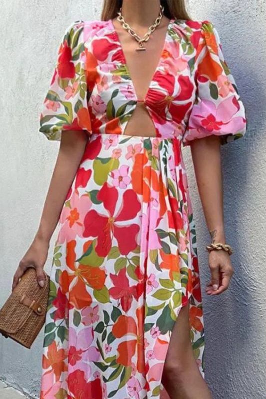 Ladies Fashion Print Sexy V Neck Hollow Casual  Maxi Dress