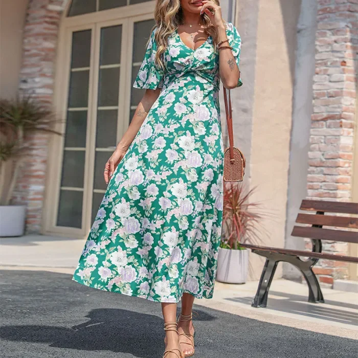 Ladies Summer Fashion Casual Printed Elegant  Maxi Dress