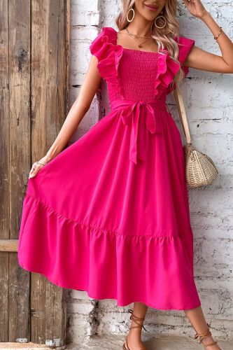 Elegant Fashion Lace Ruffle Square Neck Solid Color High Waist A-Line Midi Dress