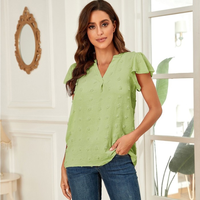 Women's V Neck Pleated Ruffle Sleeves Casual Loose  Blouses & Shirts