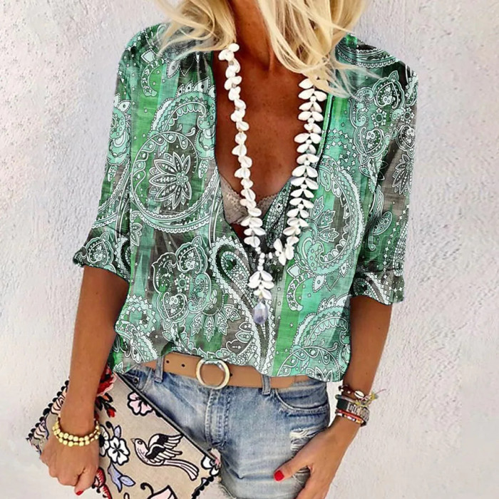 Women's V-Neck Printed Panel Casual Resort  Blouses & Shirts