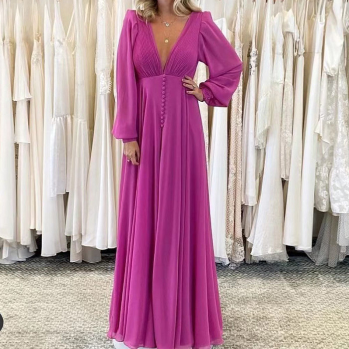 Sexy Deep V Neck Pleated Elegant Solid Color Fashion Loose  Maxi Dress