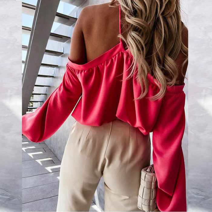 Women's Elegant Solid Color Long Sleeve Sexy Strapless Casual Hollow Out  Blouses & Shirts