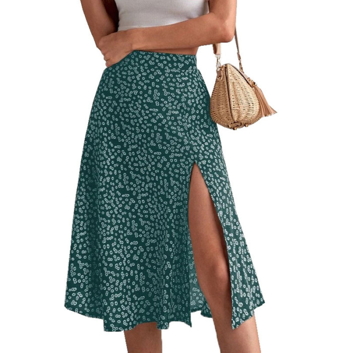 Women's Summer Solid Color Bohemian Elegant Slit Print High Waist A-Line Skirts