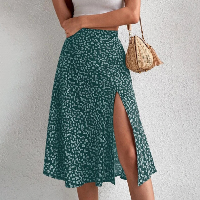 Women's Summer Solid Color Bohemian Elegant Slit Print High Waist A-Line Skirts