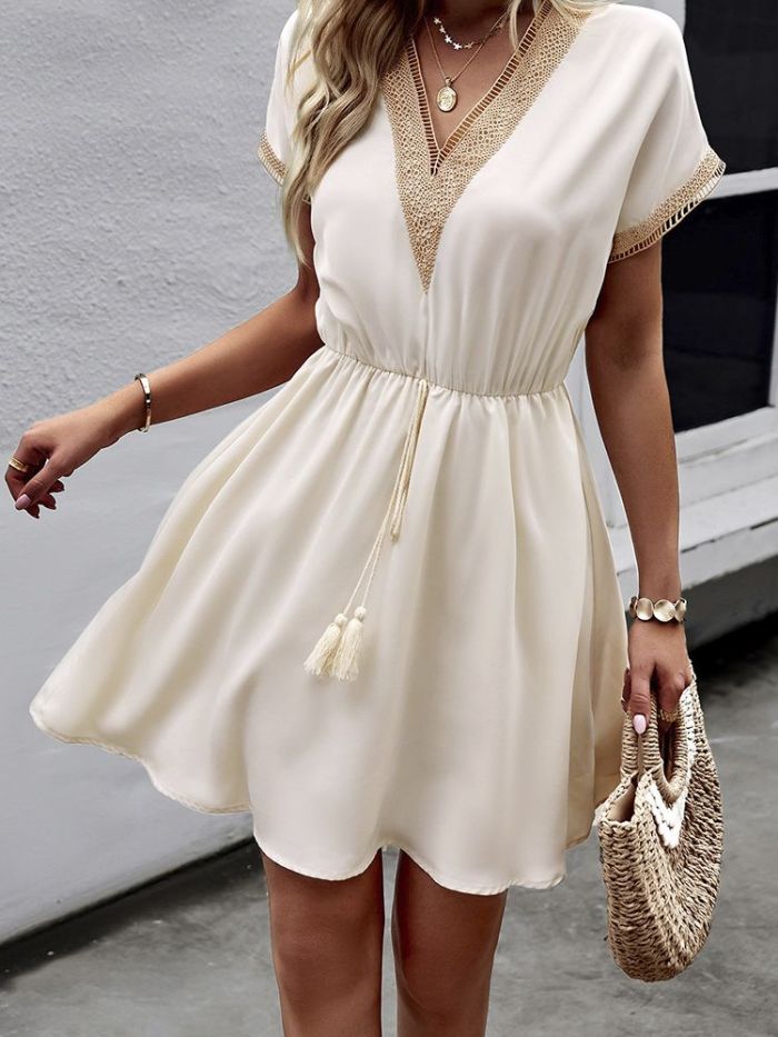 Elegant Lace Vintage Party Cutout A Line Casual V Neck Tassel Mini Dress