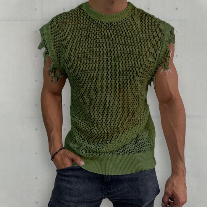 Summer Men's Sleeveless O Neck Casual Fringe Solid Color Shirt