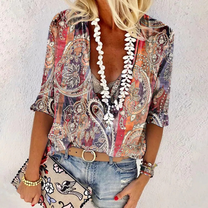 Women's V-Neck Printed Panel Casual Resort  Blouses & Shirts