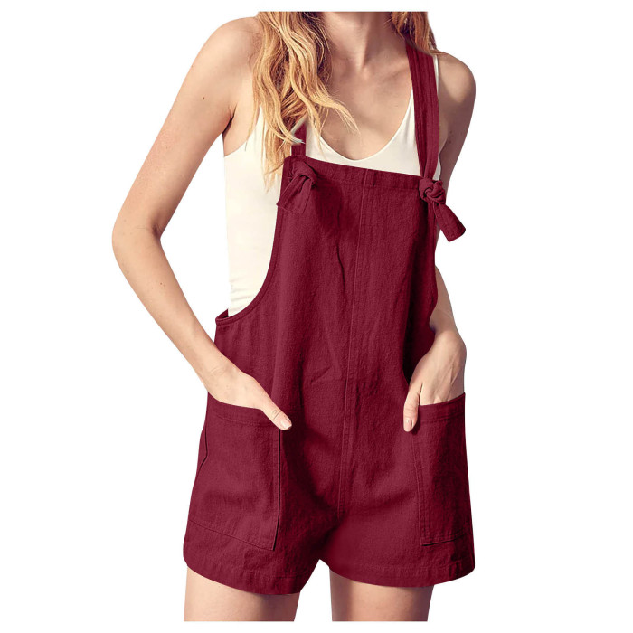 Fashion Ladies Summer Casual Loose Sleeveless Button Cotton Linen Rompers