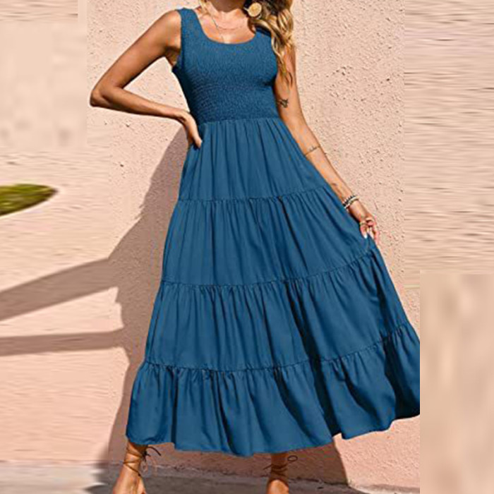 Sexy U Neck Loose Party Dress Elegant Sleeveless Solid Color Maxi Dress
