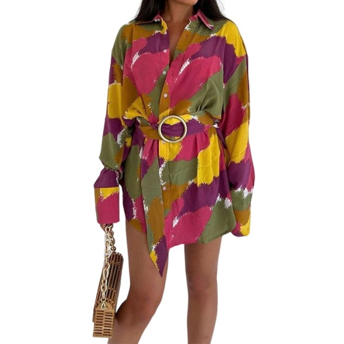 Women's Tie Dye Print Loose Bohemian Lapel Resort Shirt Mini Dress