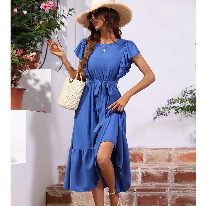 Fashion Simple Summer Lace Waist Casual  Midi Dress