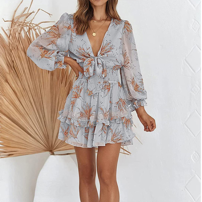 Fashion Ladies Floral Tie Temperament V Neck Chiffon Commuter Mini Dress