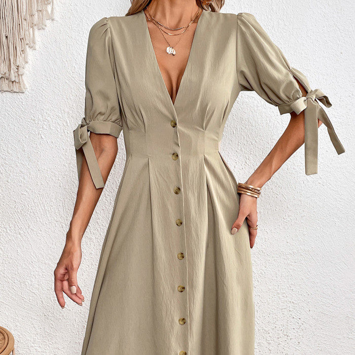 Summer Women's Fashion Casual Elegant Button Short Sleeve Midi Dress