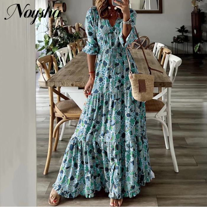 Fashion Casual Retro V Neck High Waist Summer Bohemian Tie  Maxi Dress