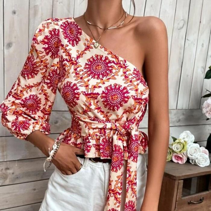 Fashion Sexy One Shoulder Ladies Solid Color Summer Tops  Blouses & Shirts