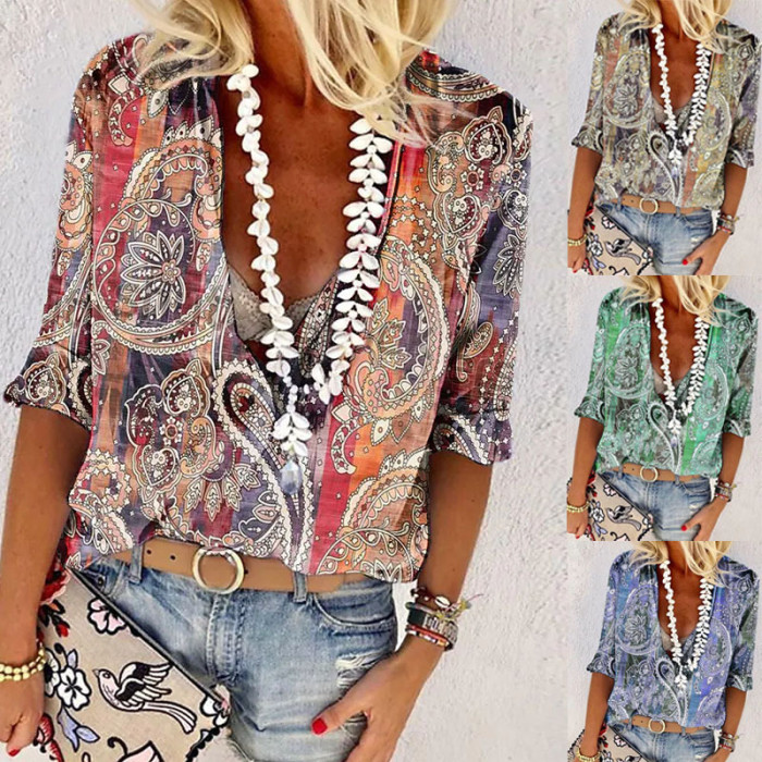 Women's V-Neck Printed Panel Casual Resort  Blouses & Shirts