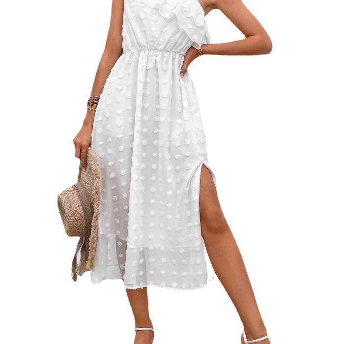 Fashion Casual Solid Color Slanted Shoulder Elegant Slit Sleeveless Ruffle  Midi Dress