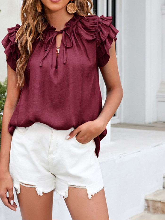 Summer Wide Sleeve Tie Elegant Solid Color V Neck Cotton Linen Top Blouses & Shirts