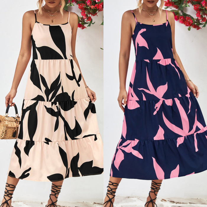 Women's Fashion Holiday Print Fashion Suspenders Strapless Beach  Maxi Dress