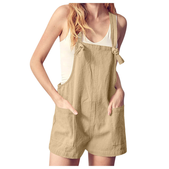 Fashion Ladies Summer Casual Loose Sleeveless Button Cotton Linen Rompers