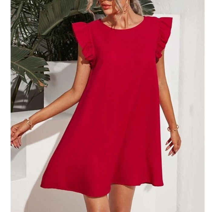 Women Fashion Solid Color Casual Loose Bohemian Sleeveless Mini Dress