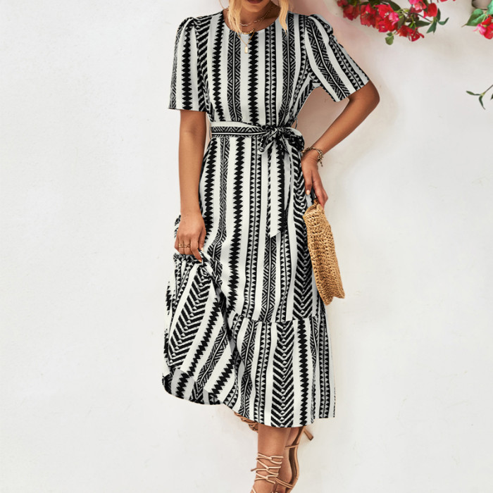 Summer Vintage Elegant Print Puff Sleeve Loose Casual A-Line Maxi Dress