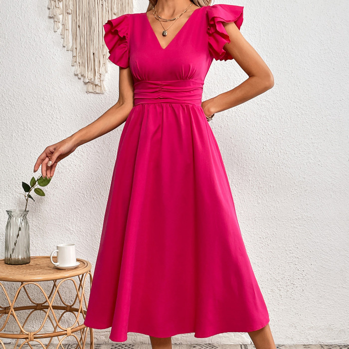 Summer Fashion Elegant V Neck Ruffle Sleeves Solid Color High Waist  Midi Dress