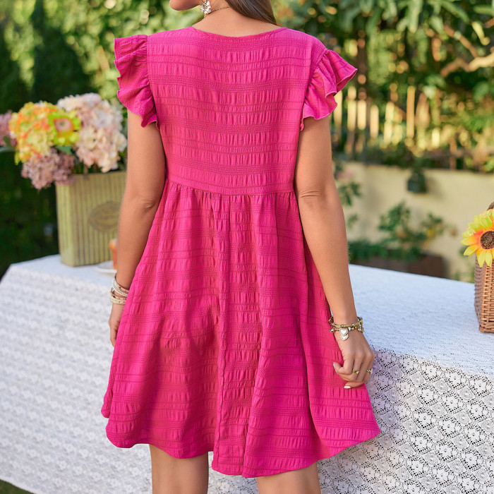 Women's V-neck Fashion Ruffle Sleeve Skirt Pure Color Temperament Elegant Casual Dress